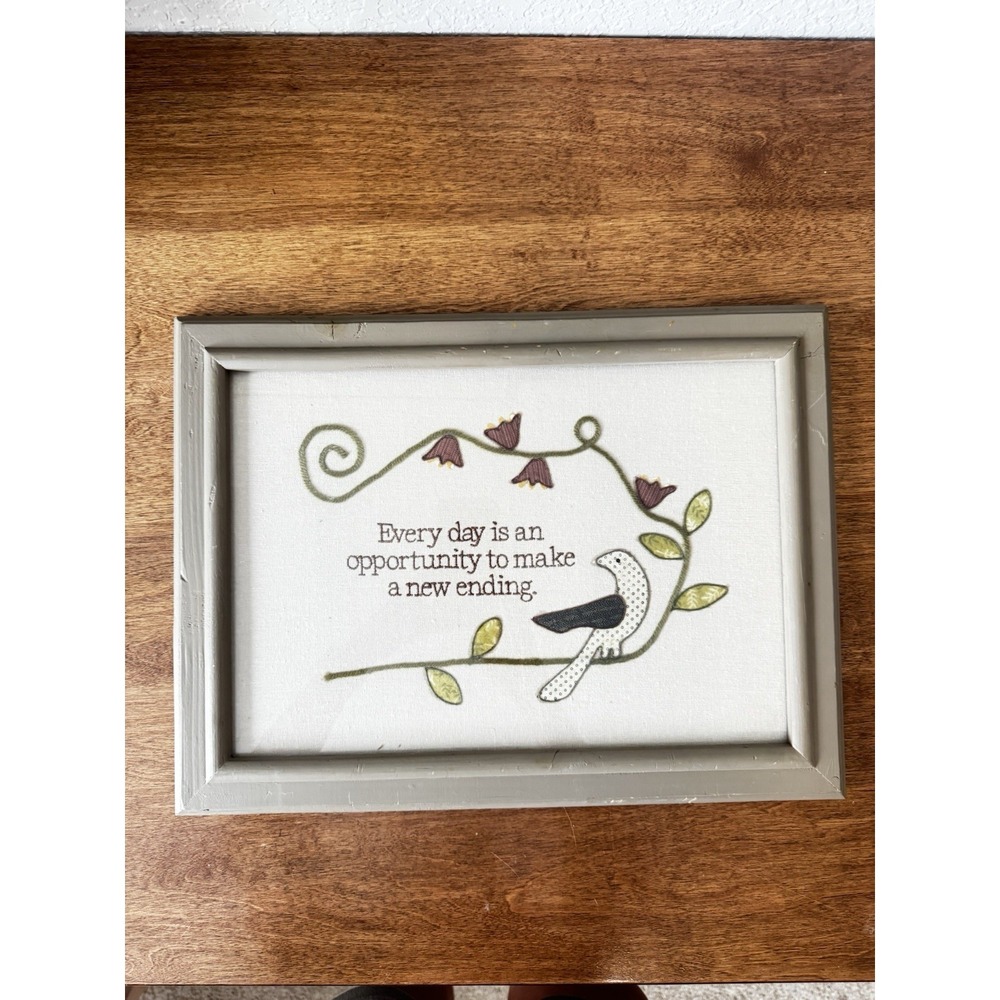 Embroidered Framed Bird On A Branch Picture Primitive Farmhouse Grandma Core